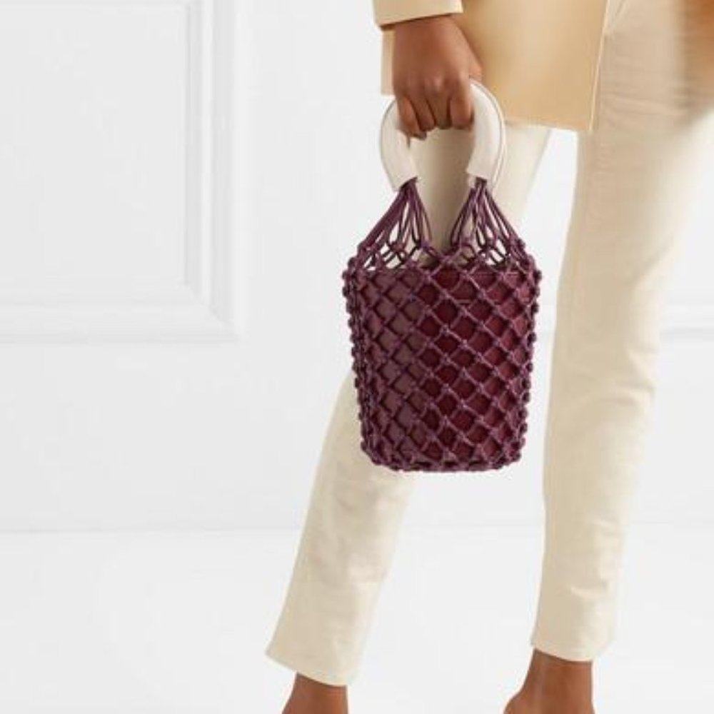 Staud Moreau Leather and Macrame Bucket Bag (Burgundy)